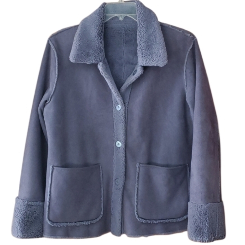 Brandon Thomas Reversible Faux Suede‎ Sherpa Button Jacket In Slate Blue Size M
